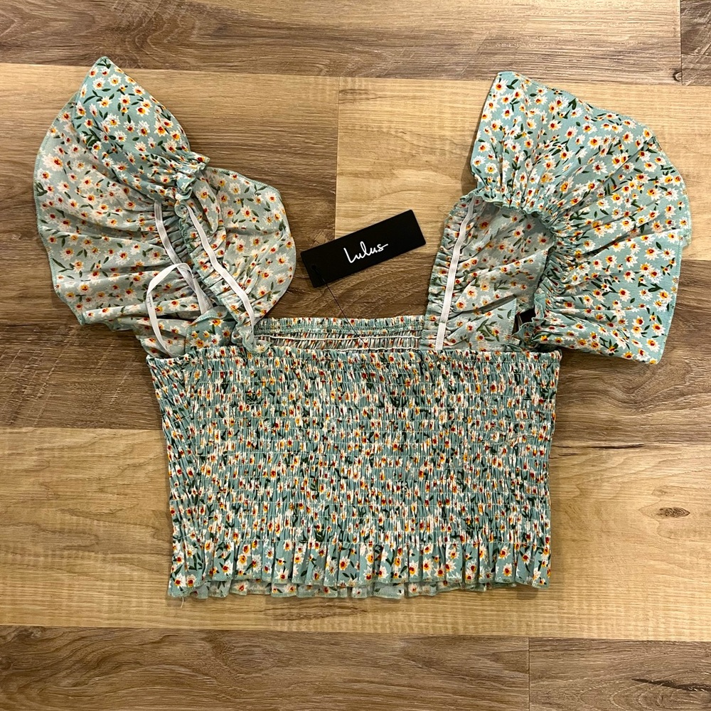 Lulu's Mint Green Floral Smocked Crop Top with Puff Sleeves